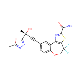 Cc1nnc([C@](C)(O)C#Cc2ccc3c(c2)-c2nc(C(N)=O)sc2C(F)(F)CO3)o1 ZINC000219475612