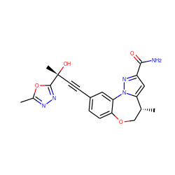 Cc1nnc([C@](C)(O)C#Cc2ccc3c(c2)-n2nc(C(N)=O)cc2[C@H](C)CO3)o1 ZINC000219452044