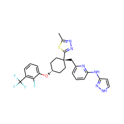 Cc1nnc([C@]2(Cc3cccc(Nc4cc[nH]n4)n3)CC[C@H](Oc3cccc(C(F)(F)F)c3F)CC2)s1 ZINC000116366005