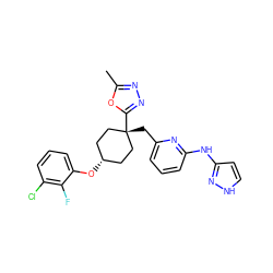 Cc1nnc([C@]2(Cc3cccc(Nc4cc[nH]n4)n3)CC[C@H](Oc3cccc(Cl)c3F)CC2)o1 ZINC000116365024