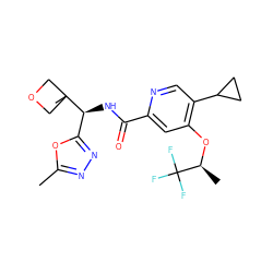 Cc1nnc([C@H](NC(=O)c2cc(O[C@@H](C)C(F)(F)F)c(C3CC3)cn2)C2(C)COC2)o1 ZINC000146307888