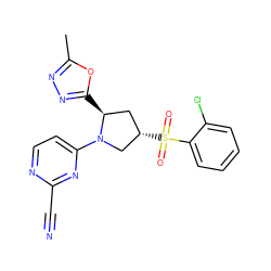 Cc1nnc([C@H]2C[C@H](S(=O)(=O)c3ccccc3Cl)CN2c2ccnc(C#N)n2)o1 ZINC000168492493