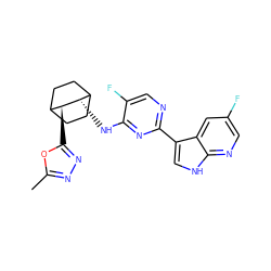 Cc1nnc([C@H]2C3CCC(CC3)[C@@H]2Nc2nc(-c3c[nH]c4ncc(F)cc34)ncc2F)o1 ZINC000299870528