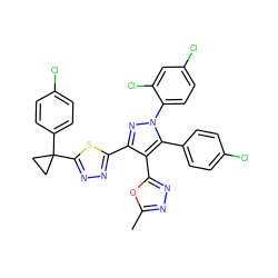 Cc1nnc(-c2c(-c3nnc(C4(c5ccc(Cl)cc5)CC4)s3)nn(-c3ccc(Cl)cc3Cl)c2-c2ccc(Cl)cc2)o1 ZINC000049695031