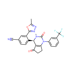 Cc1nnc(-c2cc(C#N)ccc2[C@@H]2C3=C(CCC3=O)N(c3cccc(C(F)(F)F)c3)C(=O)N2C)o1 ZINC001772646688