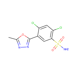 Cc1nnc(-c2cc(S(N)(=O)=O)c(Cl)cc2Cl)o1 ZINC000169351735