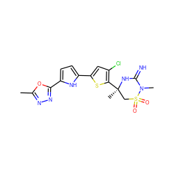 Cc1nnc(-c2ccc(-c3cc(Cl)c([C@]4(C)CS(=O)(=O)N(C)C(=N)N4)s3)[nH]2)o1 ZINC001772575973