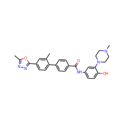 Cc1nnc(-c2ccc(-c3ccc(C(=O)Nc4ccc(O)c(N5CCN(C)CC5)c4)cc3)c(C)c2)o1 ZINC000013805066