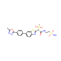 Cc1nnc(-c2ccc(-c3ccc4nc([C@@H](C(=O)NCCS(N)(=O)=O)S(C)(=O)=O)sc4c3)cc2)o1 ZINC000145495984