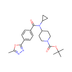 Cc1nnc(-c2ccc(C(=O)N(C3CC3)C3CCN(C(=O)OC(C)(C)C)CC3)cc2)o1 ZINC000746194068