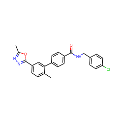 Cc1nnc(-c2ccc(C)c(-c3ccc(C(=O)NCc4ccc(Cl)cc4)cc3)c2)o1 ZINC000029131177