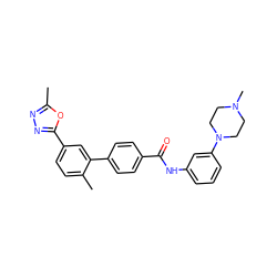 Cc1nnc(-c2ccc(C)c(-c3ccc(C(=O)Nc4cccc(N5CCN(C)CC5)c4)cc3)c2)o1 ZINC000029131395