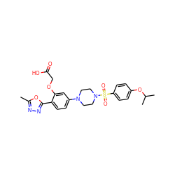 Cc1nnc(-c2ccc(N3CCN(S(=O)(=O)c4ccc(OC(C)C)cc4)CC3)cc2OCC(=O)O)o1 ZINC001772647116