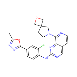 Cc1nnc(-c2ccc(Nc3ncc4ccnc(N5CCC6(COC6)C5)c4n3)c(Cl)c2)o1 ZINC000223697889