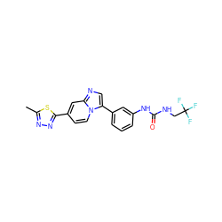 Cc1nnc(-c2ccn3c(-c4cccc(NC(=O)NCC(F)(F)F)c4)cnc3c2)s1 ZINC000043197026