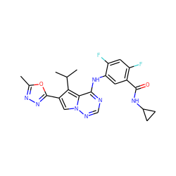 Cc1nnc(-c2cn3ncnc(Nc4cc(C(=O)NC5CC5)c(F)cc4F)c3c2C(C)C)o1 ZINC000029127777