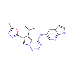 Cc1nnc(-c2cn3ncnc(Nc4cnc5[nH]ccc5c4)c3c2C(C)C)o1 ZINC000029047703