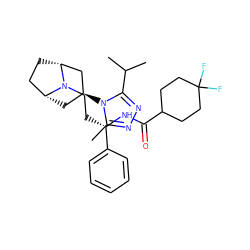 Cc1nnc(C(C)C)n1[C@H]1C[C@@H]2CC[C@H](C1)N2CC[C@H](NC(=O)C1CCC(F)(F)CC1)c1ccccc1 ZINC000100003902