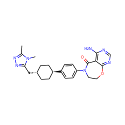 Cc1nnc(C[C@H]2CC[C@H](c3ccc(N4CCOc5ncnc(N)c5C4=O)cc3)CC2)n1C ZINC000261093777