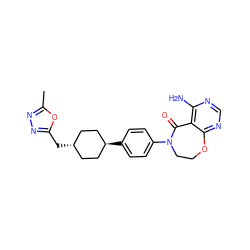 Cc1nnc(C[C@H]2CC[C@H](c3ccc(N4CCOc5ncnc(N)c5C4=O)cc3)CC2)o1 ZINC000261166903