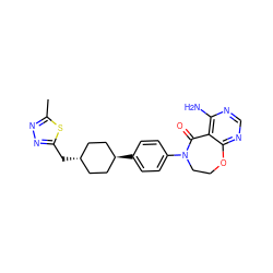 Cc1nnc(C[C@H]2CC[C@H](c3ccc(N4CCOc5ncnc(N)c5C4=O)cc3)CC2)s1 ZINC000261122805