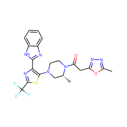 Cc1nnc(CC(=O)N2CCN(c3sc(C(F)(F)F)nc3-c3nc4ccccc4[nH]3)C[C@H]2C)o1 ZINC001772572994