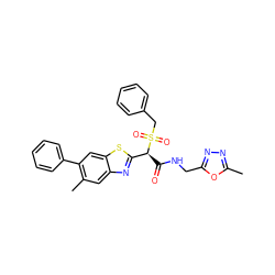 Cc1nnc(CNC(=O)[C@@H](c2nc3cc(C)c(-c4ccccc4)cc3s2)S(=O)(=O)Cc2ccccc2)o1 ZINC000144051003