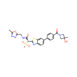 Cc1nnc(CNC(=O)[C@@H](c2nc3ccc(-c4ccc(C(=O)N5CC(C)(O)C5)cc4)cc3s2)S(C)(=O)=O)o1 ZINC000143956231