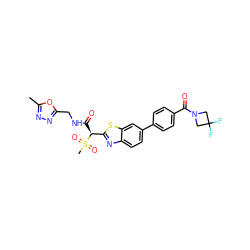 Cc1nnc(CNC(=O)[C@@H](c2nc3ccc(-c4ccc(C(=O)N5CC(F)(F)C5)cc4)cc3s2)S(C)(=O)=O)o1 ZINC000145502552