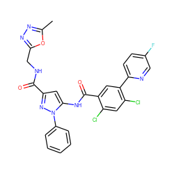 Cc1nnc(CNC(=O)c2cc(NC(=O)c3cc(-c4ccc(F)cn4)c(Cl)cc3Cl)n(-c3ccccc3)n2)o1 ZINC001772577845