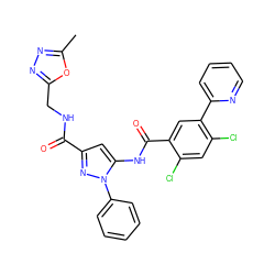 Cc1nnc(CNC(=O)c2cc(NC(=O)c3cc(-c4ccccn4)c(Cl)cc3Cl)n(-c3ccccc3)n2)o1 ZINC001772631043