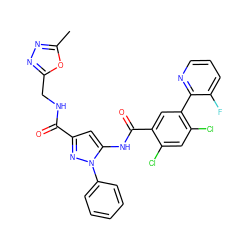 Cc1nnc(CNC(=O)c2cc(NC(=O)c3cc(-c4ncccc4F)c(Cl)cc3Cl)n(-c3ccccc3)n2)o1 ZINC001772596631