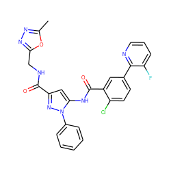 Cc1nnc(CNC(=O)c2cc(NC(=O)c3cc(-c4ncccc4F)ccc3Cl)n(-c3ccccc3)n2)o1 ZINC001772589666