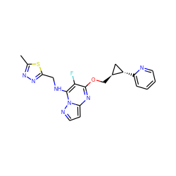 Cc1nnc(CNc2c(F)c(OC[C@H]3C[C@@H]3c3ccccn3)nc3ccnn23)s1 ZINC000144709158