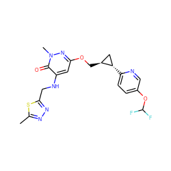 Cc1nnc(CNc2cc(OC[C@H]3C[C@@H]3c3ccc(OC(F)F)cn3)nn(C)c2=O)s1 ZINC000221923017