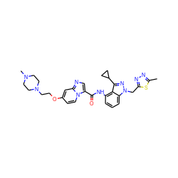 Cc1nnc(Cn2nc(C3CC3)c3c(NC(=O)c4cnc5cc(OCCN6CCN(C)CC6)ccn45)cccc32)s1 ZINC000117892653