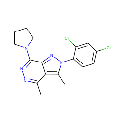 Cc1nnc(N2CCCC2)c2nn(-c3ccc(Cl)cc3Cl)c(C)c12 ZINC000072112783