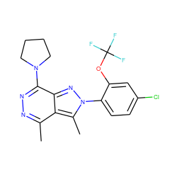 Cc1nnc(N2CCCC2)c2nn(-c3ccc(Cl)cc3OC(F)(F)F)c(C)c12 ZINC000072112350