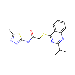 Cc1nnc(NC(=O)CSc2nc(C(C)C)nc3ccccc23)s1 ZINC000001342956