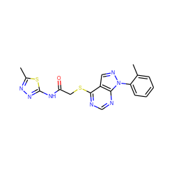 Cc1nnc(NC(=O)CSc2ncnc3c2cnn3-c2ccccc2C)s1 ZINC000004230917