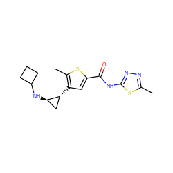 Cc1nnc(NC(=O)c2cc([C@@H]3C[C@H]3NC3CCC3)c(C)s2)s1 ZINC001772632295