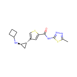 Cc1nnc(NC(=O)c2cc([C@@H]3C[C@H]3NC3CCC3)cs2)s1 ZINC000653743719