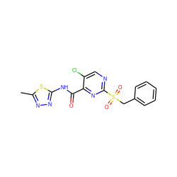 Cc1nnc(NC(=O)c2nc(S(=O)(=O)Cc3ccccc3)ncc2Cl)s1 ZINC000006748114