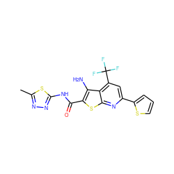 Cc1nnc(NC(=O)c2sc3nc(-c4cccs4)cc(C(F)(F)F)c3c2N)s1 ZINC000008672484