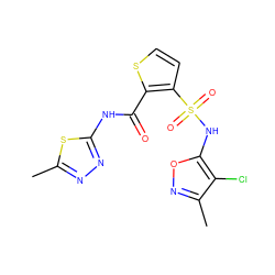 Cc1nnc(NC(=O)c2sccc2S(=O)(=O)Nc2onc(C)c2Cl)s1 ZINC000013815743