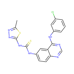 Cc1nnc(NC(=S)Nc2ccc3ncnc(Nc4cccc(Cl)c4)c3c2)s1 ZINC001772587746