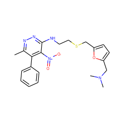 Cc1nnc(NCCSCc2ccc(CN(C)C)o2)c([N+](=O)[O-])c1-c1ccccc1 ZINC001772590187