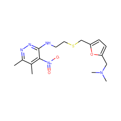 Cc1nnc(NCCSCc2ccc(CN(C)C)o2)c([N+](=O)[O-])c1C ZINC001772637948