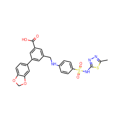 Cc1nnc(NS(=O)(=O)c2ccc(NCc3cc(C(=O)O)cc(-c4ccc5c(c4)OCO5)c3)cc2)s1 ZINC000473131337