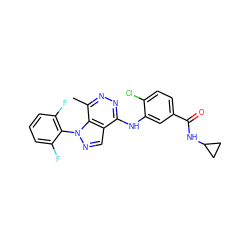 Cc1nnc(Nc2cc(C(=O)NC3CC3)ccc2Cl)c2cnn(-c3c(F)cccc3F)c12 ZINC000049110474